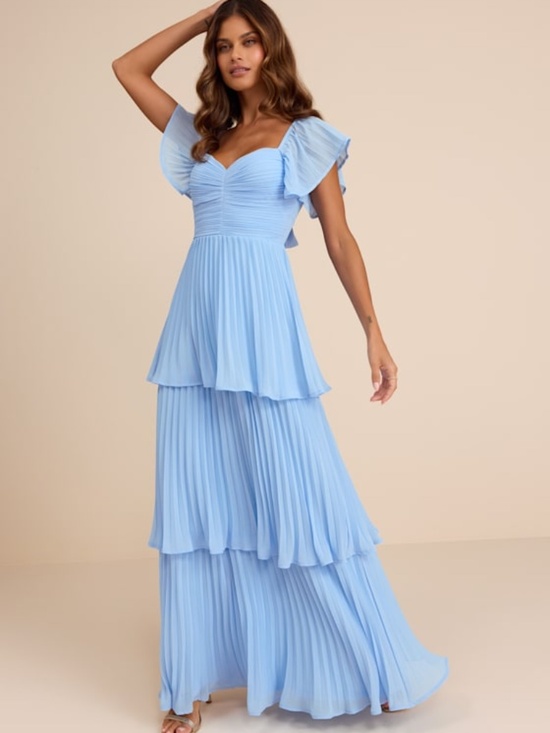 Lulus Dresses & Skirts - Lulus Notorious Charm Light Blue Pleated Flutter Sleeve Maxi Dress - Size L
